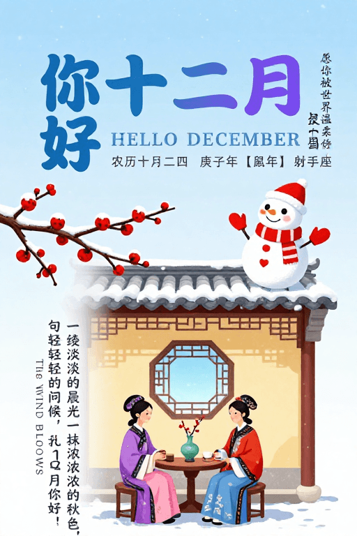 冬季插画素材：冬日温馨插画：你好十二月问候海报