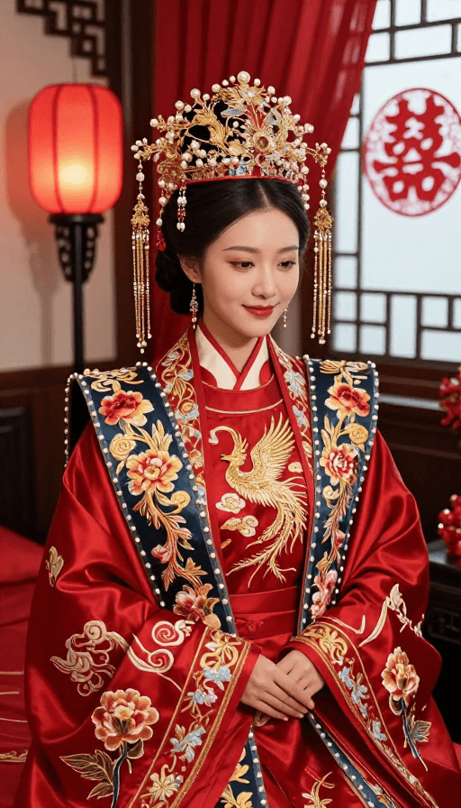 凤冠霞帔素材：华贵红妆：传统中式婚礼新娘特写
