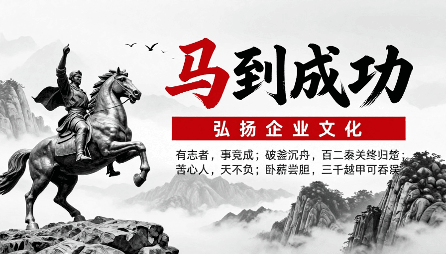 商务场景素材：马到成功：黑红书法企业文化海报