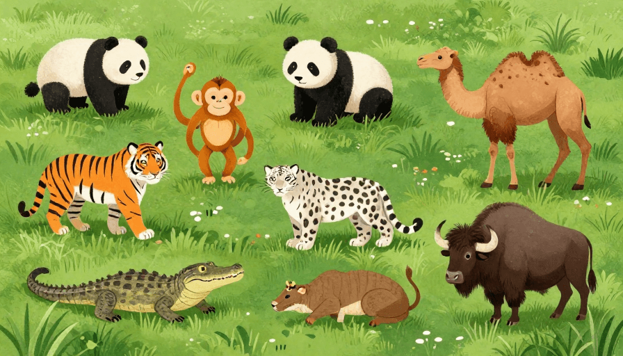 绿色草地素材：生态守护：可爱插画描绘野生保护动物的绿色家园