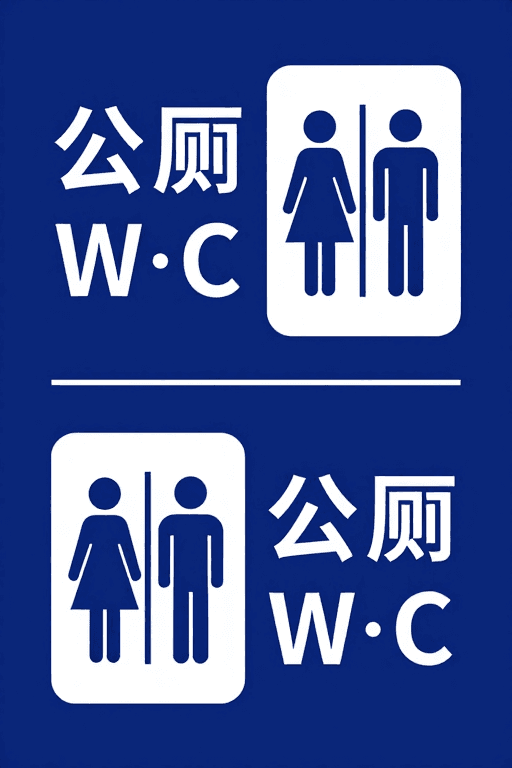 功能导向素材：现代简约公厕标识设计，白蓝配色高对比度清晰易读