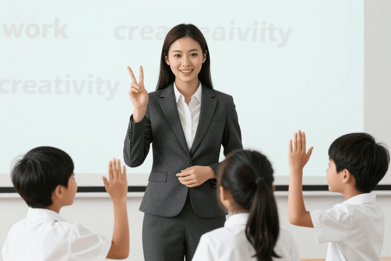 商业宣传图素材：亚洲女教师引导学生互动教学瞬间