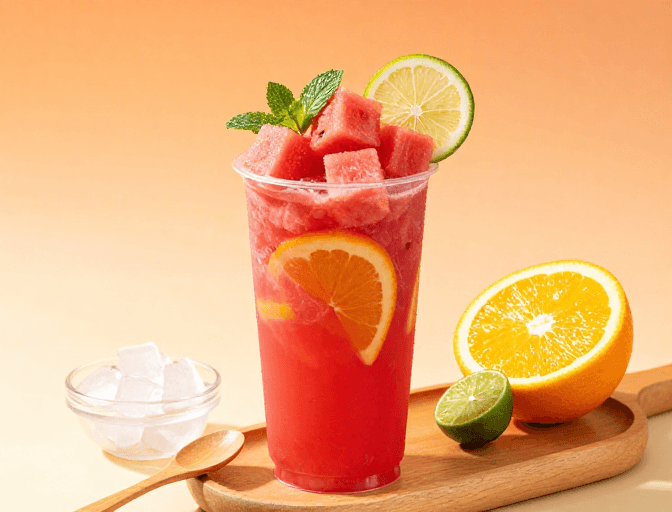 木质托盘素材：夏日鲜榨西瓜饮：清凉解暑的视觉享受