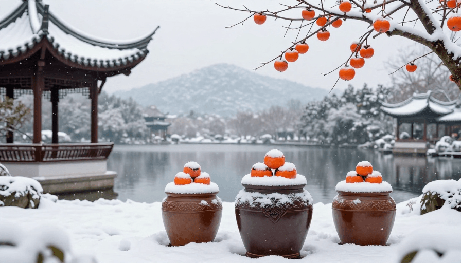 传统纹样素材：雪映古韵：冬日庭院柿红陶韵