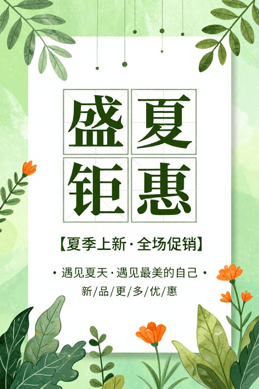 书法字体设计素材：清新自然夏季促销海报：盛夏钜惠与手写艺术融合
