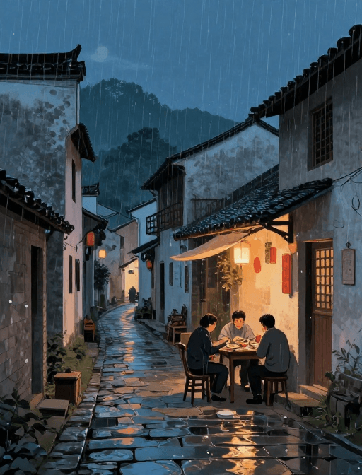 温馨插画素材：青石巷雨夜：一家人的温暖晚餐（插画）