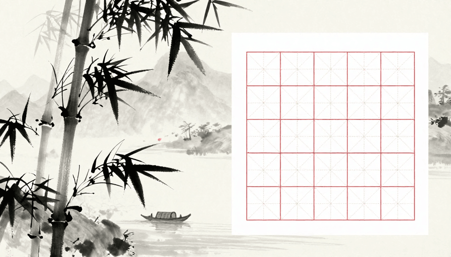 中国风背景素材：墨竹山水配红格：中式水墨留白设计