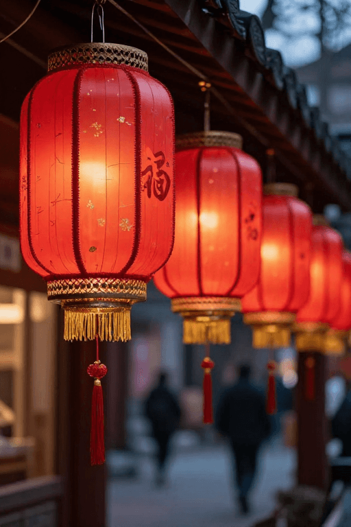 暖红灯笼夜景：传统中式节日光影艺术