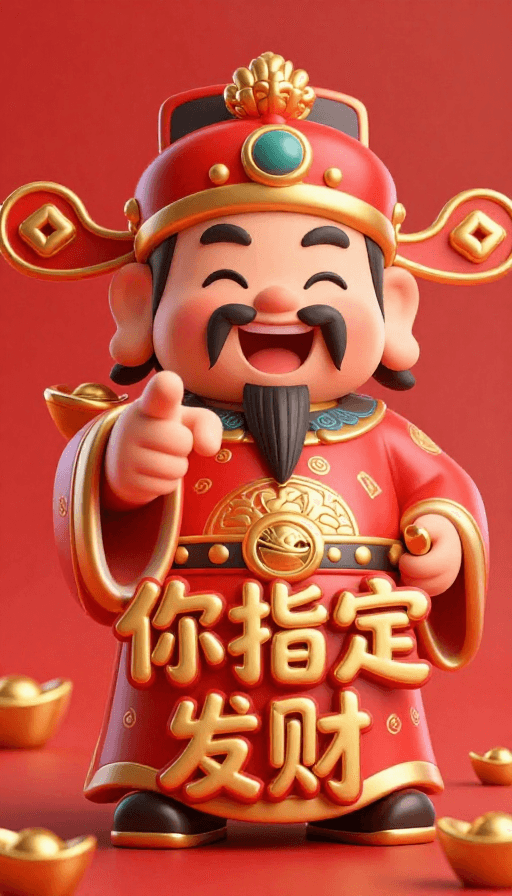 超高清画质素材：国风Q版财神霸气指财，喜庆3D渲染超高清