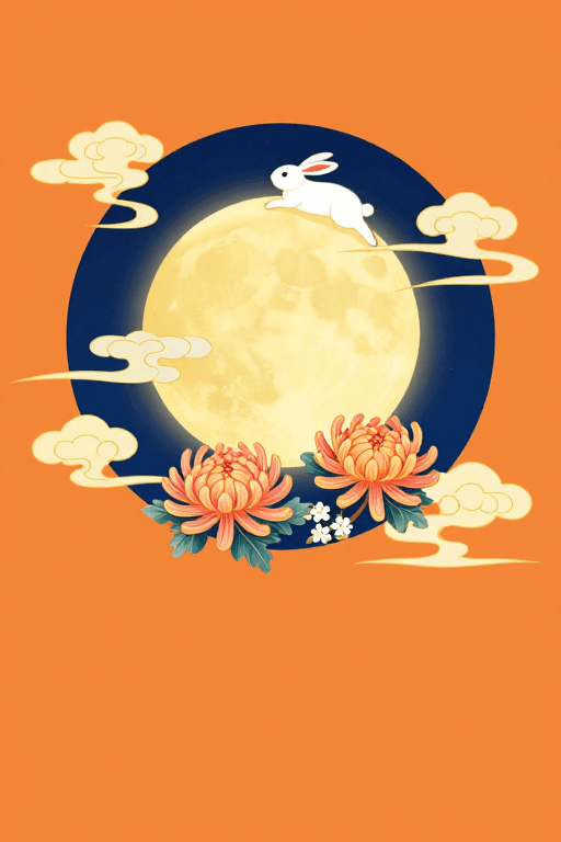 新国风插画素材：新国风中秋插图：明月玉兔与祥云菊花