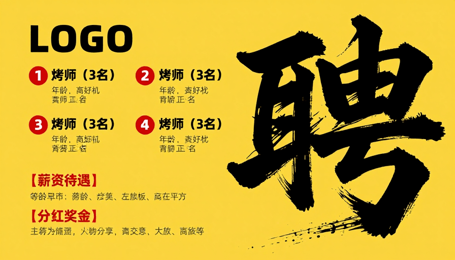 招聘海报素材：黄底黑书：传统书法与现代设计融合的餐饮招聘海报