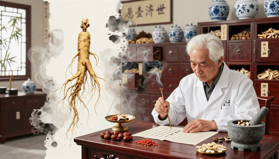 水墨风格素材：水墨丹青绘中医世家：百草之王传承古法药香