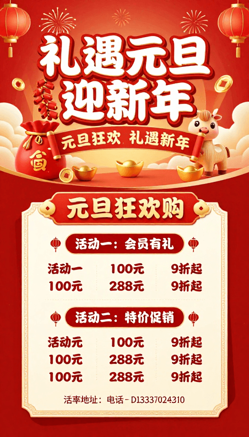 传统装饰素材：喜庆红金新年促销海报