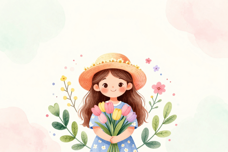 清新治愈风素材：梦幻水彩少女与郁金香：清新春日治愈插画背景