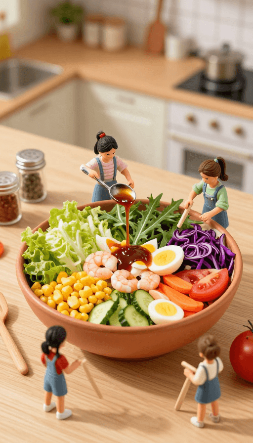 微缩景观素材：微缩厨房：小女孩协作制作美味蔬菜沙拉