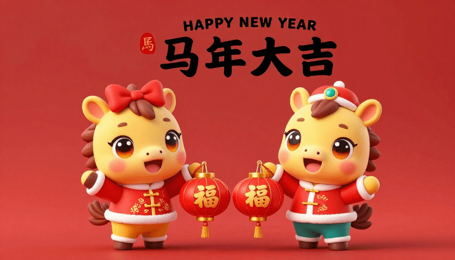 新春祝福素材：金童玉女马年吉祥卡通插画