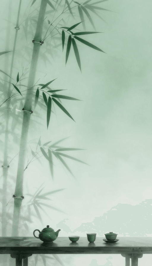禅意美学素材：禅意竹林茶席：低饱和绿调的极简留白艺术