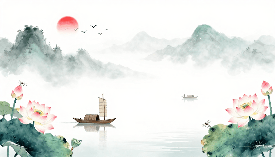 艺术背景素材：水墨山水意境：青灰山峦与粉白莲花的空灵画卷