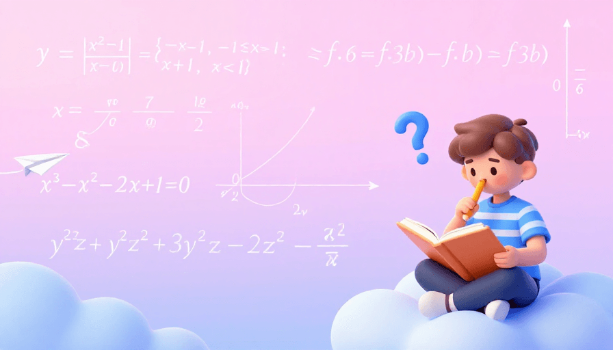 学习场景素材：梦幻数学世界：卡通男孩思考难题的插画