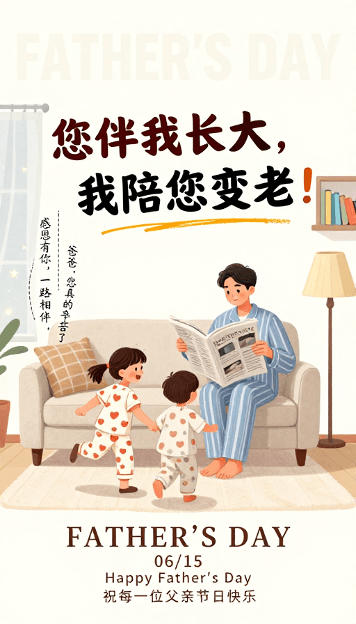 温馨场景素材：温馨父亲节手绘海报：父子亲情互动插画