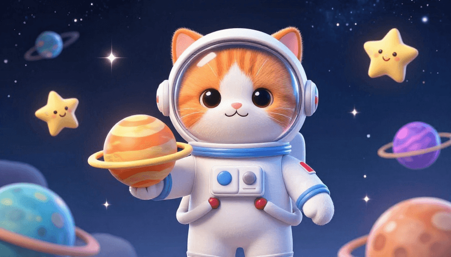太空场景素材：梦幻太空猫咪宇航员：3D卡通航天童趣宣传图