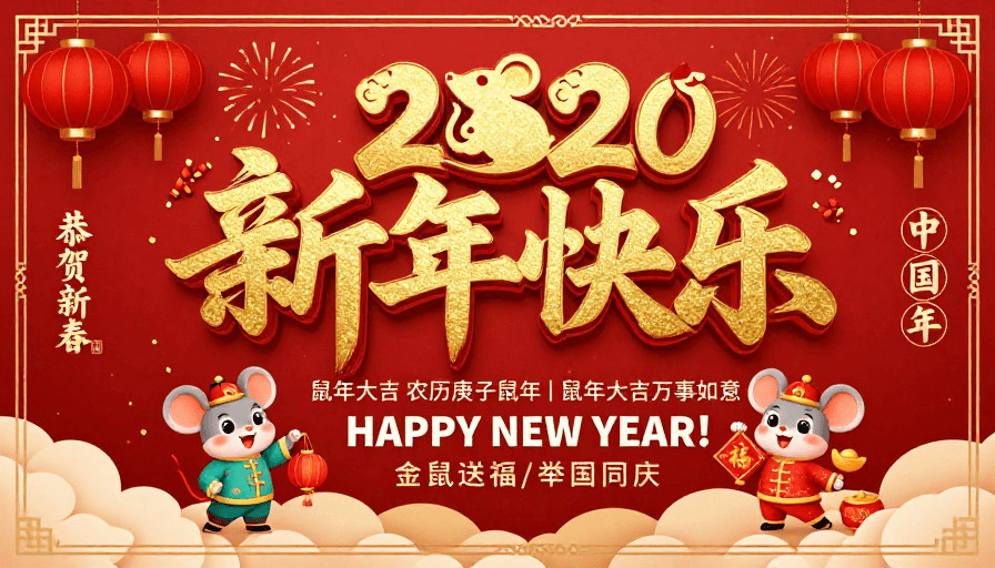 卡通老鼠素材：2020新春贺岁·国潮红金非遗年味海报