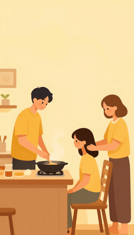 矢量艺术素材：暖色扁平插画：黄衣男生宠妻日常温情画面