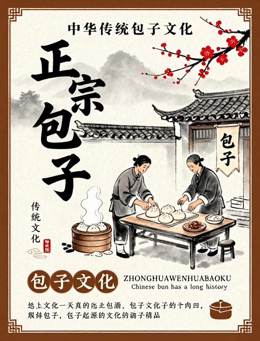 中国传统美食素材：水墨风中华传统包子文化宣传海报