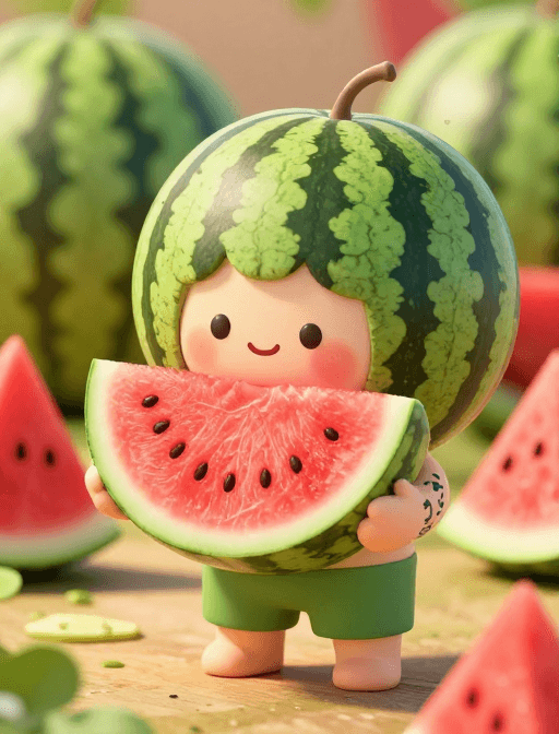 Q版卡通素材：Q版西瓜拟人男孩：抱瓜甜蜜夏日插画