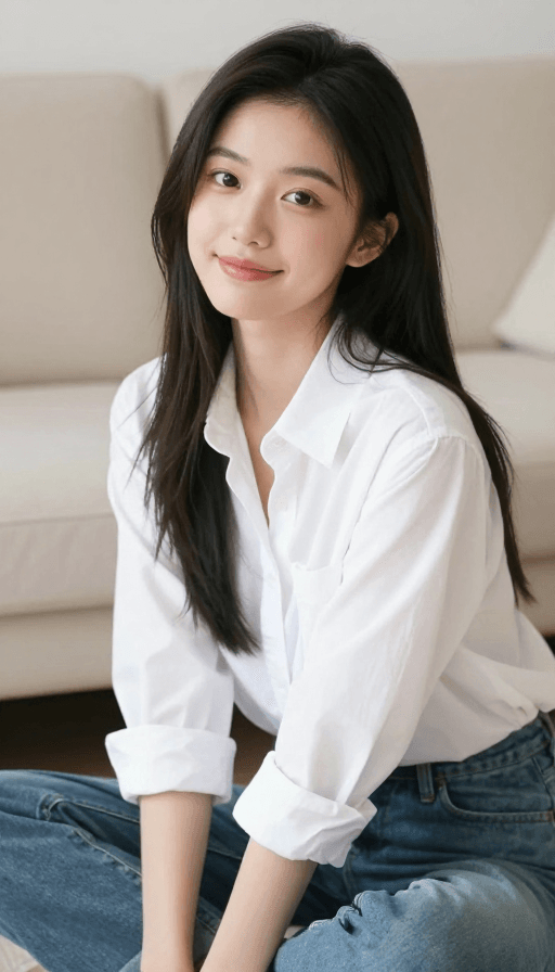 清新自然风素材：元气少女室内半蹲写真：清新自然风人像摄影