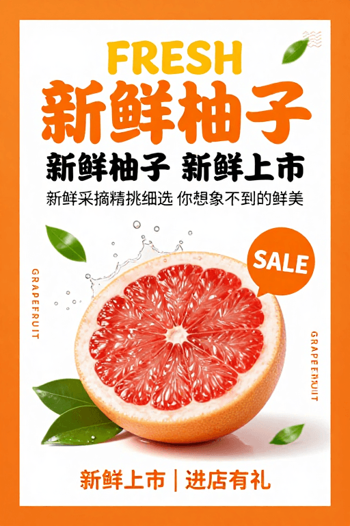 柚子促销素材：橙红鲜柚活力上市，清新诱人促销海报