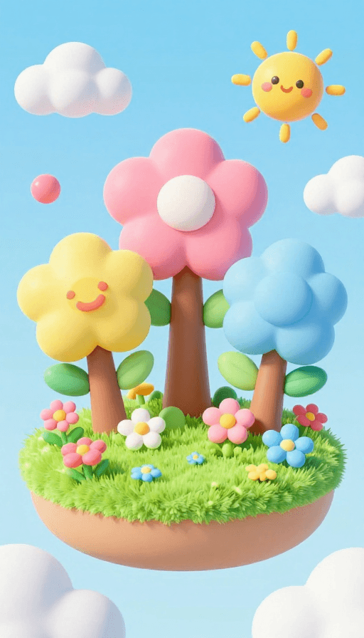 儿童设计素材：梦幻粉彩童话花园：卡通树木与彩色花朵