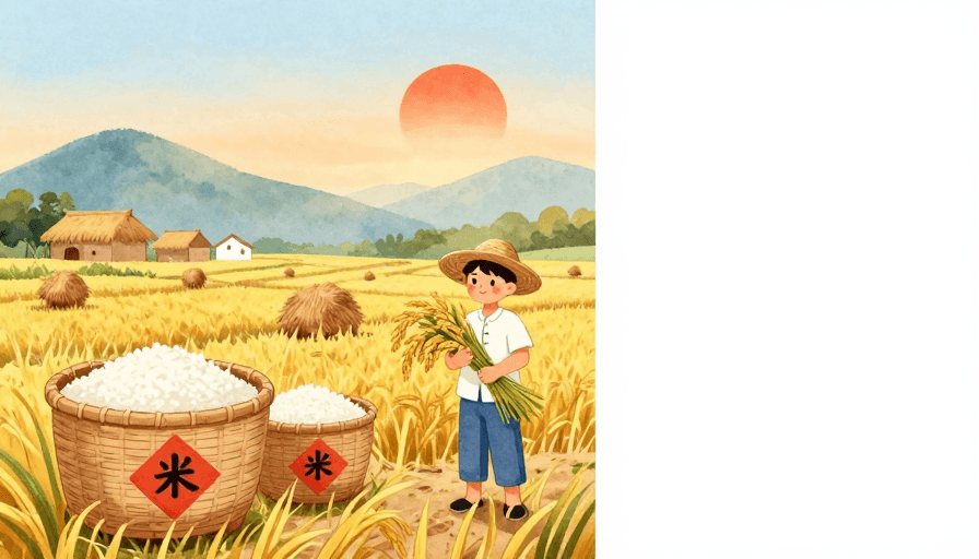 留白构图素材：水彩乡村丰收插画：暖黄稻田与米筐秋收场景
