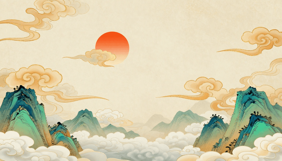 中国风背景素材：古典云纹山水：橙日祥云与青绿叠韵的宋代宫廷风装饰底纹