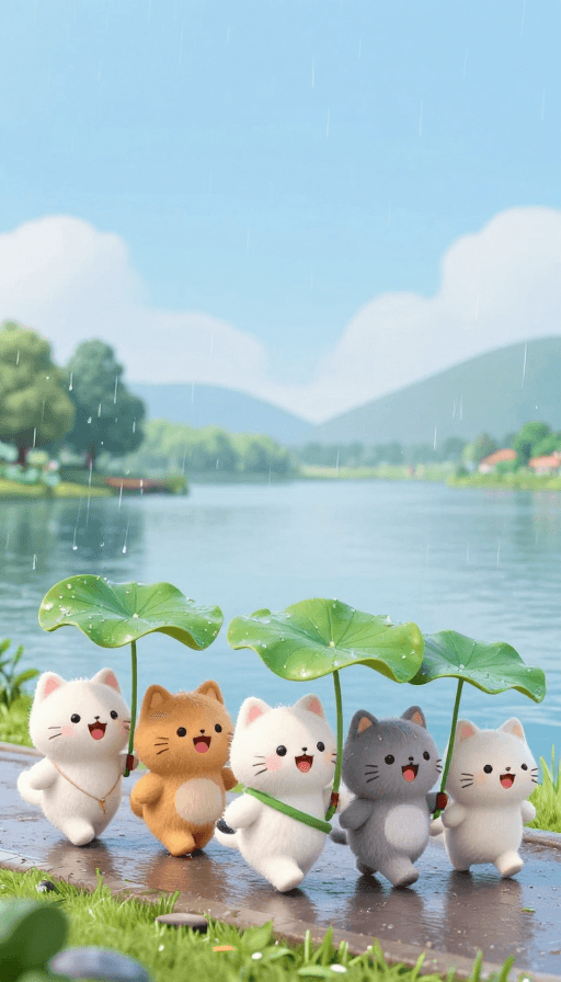 雨天场景素材：五只萌猫撑伞雨中漫步 3D卡通风超可爱