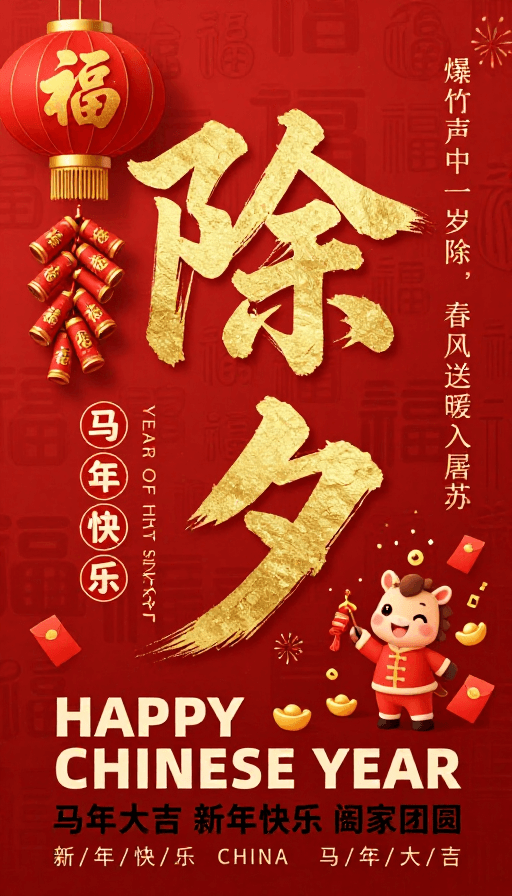 现代排版素材：金笔书法除夕·马年新春插画海报