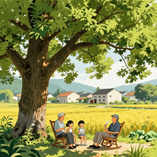 夏日清凉素材：香樟树下夏日清凉：治愈乡村亲情时光