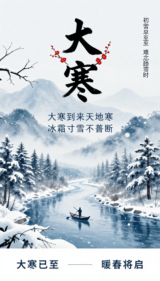 大寒节气素材：大寒水墨雪景诗意图：清冷静谧的中国风节气海报