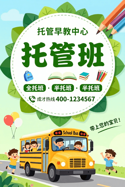 色彩丰富素材：清新蓝绿童趣风，早教托管班招生宣传海报