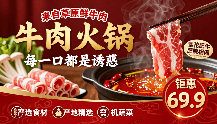 中式风格素材：牛肉火锅盛宴：草原鲜牛，极致美味