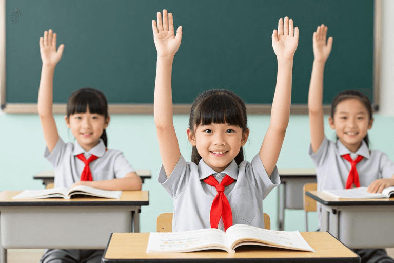 教育宣传素材：阳光下的亚洲小学生课堂瞬间