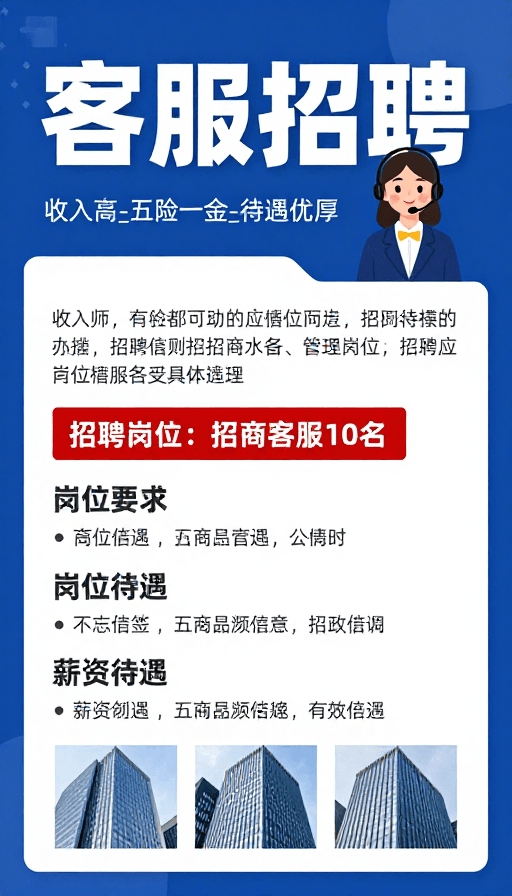 招聘海报素材：蓝色现代风客服招聘海报：高薪优待遇