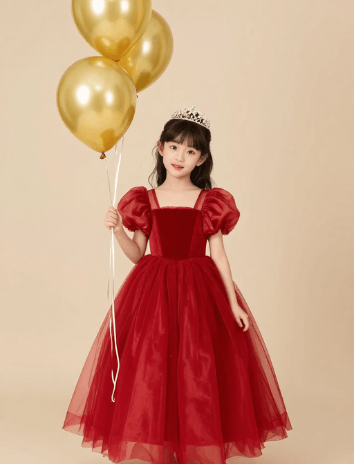 生日派对素材：小女孩生日写真：红金公主裙与金色气球的梦幻时刻
