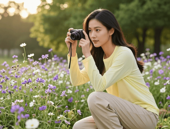 花卉背景素材：紫白花丛中专注的亚洲女摄影师