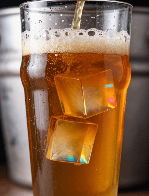 精酿啤酒素材：精酿啤酒微距：冰块沉入焦糖酒液间的霓虹光影