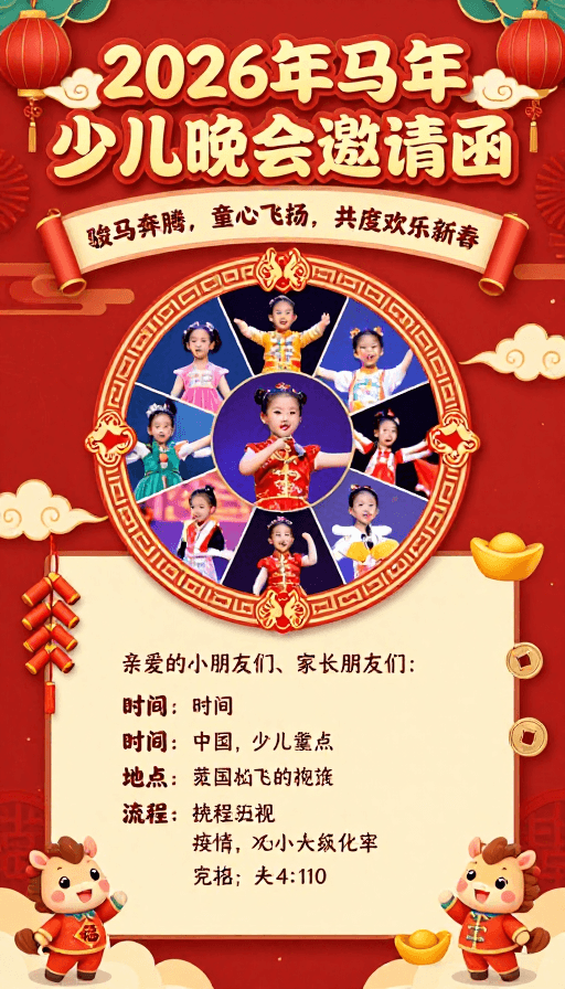 马年庆典素材：2026马年少儿晚会邀请：喜庆中国风海报