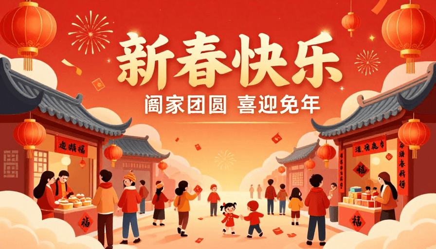 家庭团圆素材：中国风新年喜庆插画海报