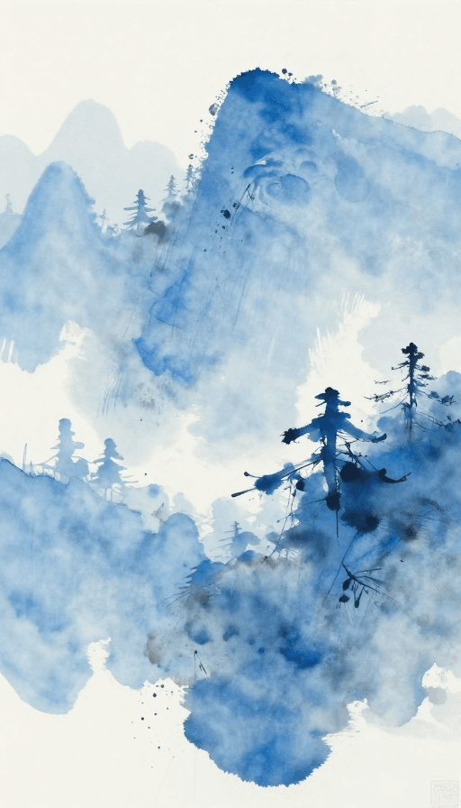 水彩晕染素材：国风泼墨水彩晕染的极简山林远景