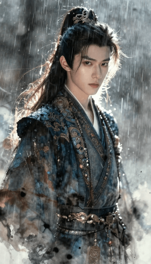 禅意意境素材：水墨少年雨幕中回眸：冷调意境特写
