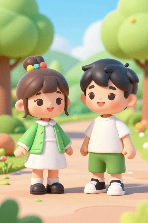 公园场景素材：阳光公园里的温馨兄妹：C4D 3D动画角色